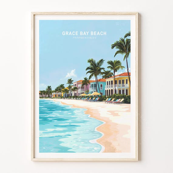 Grace Bay Beach Providenciales Travel Poster Wall Art Print Minimalist Cityscape Home Decor