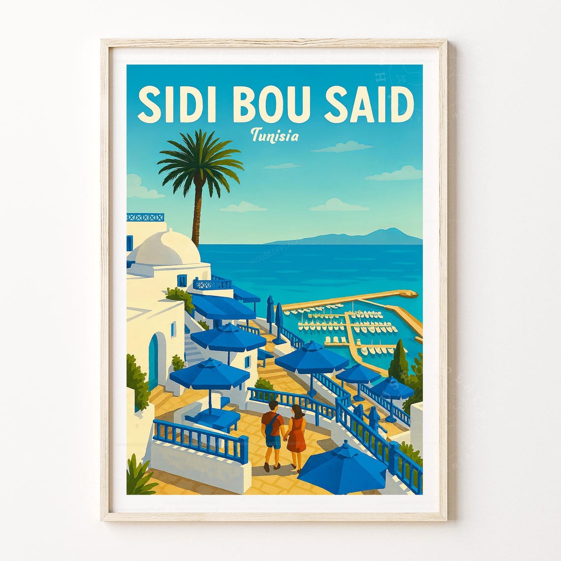 Sidi Bou Said Tunisia White Blue Coastal Town Retro Travel Poster