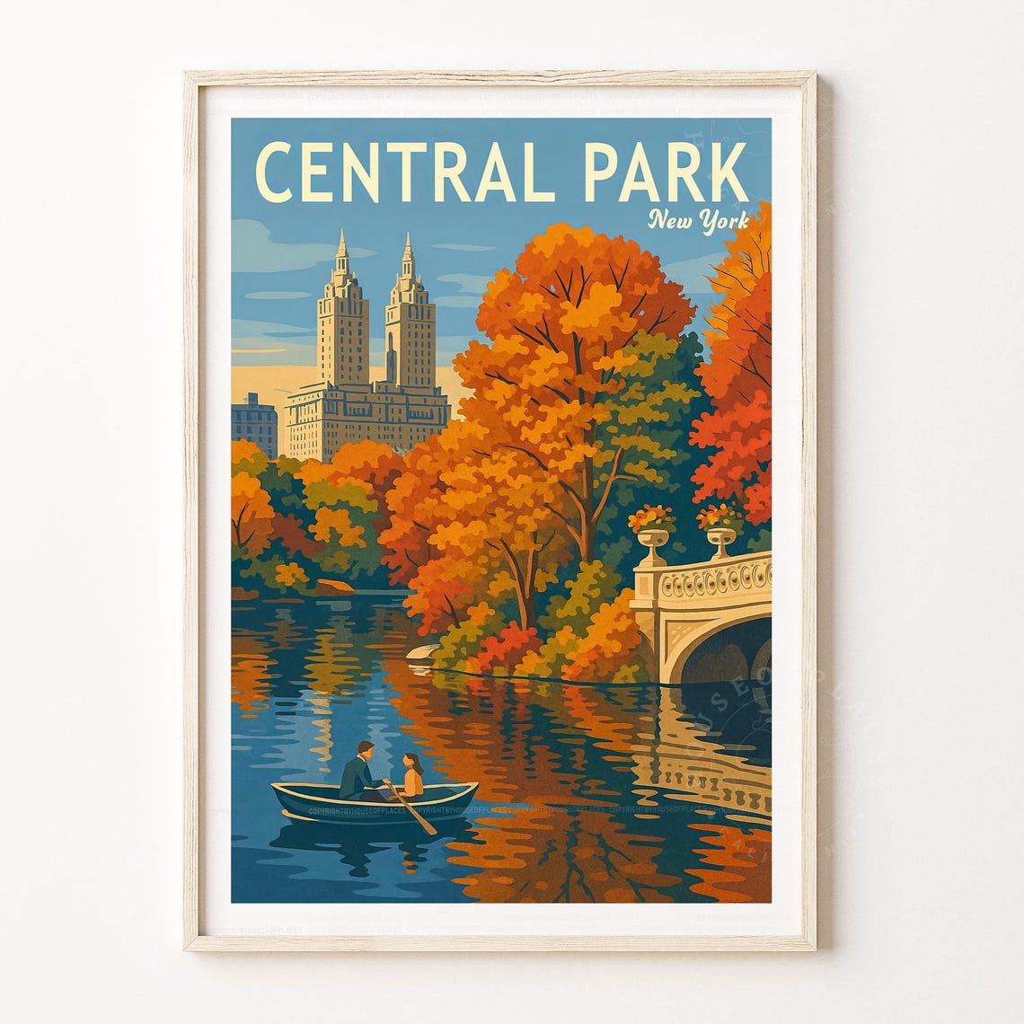 Central Park New York Fall Foliage Rowboat Bridge Travel Poster