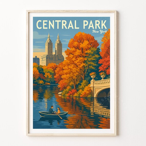 Central Park New York Fall Foliage Rowboat Bridge Travel Poster