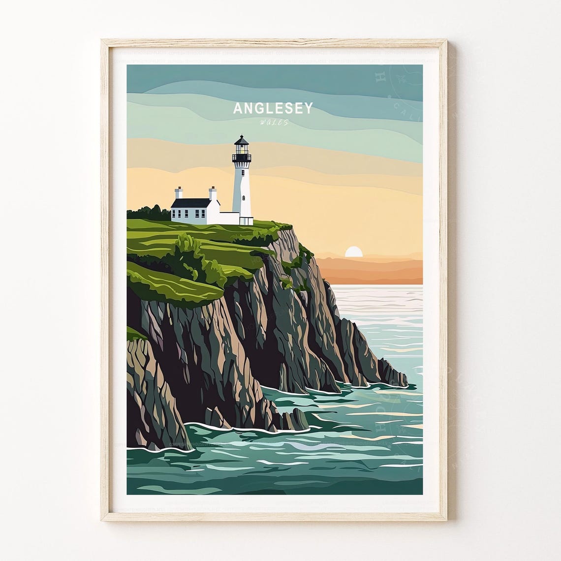 Anglesey Wales Lighthouse Cottage Sunset Retro Travel Coast Poster