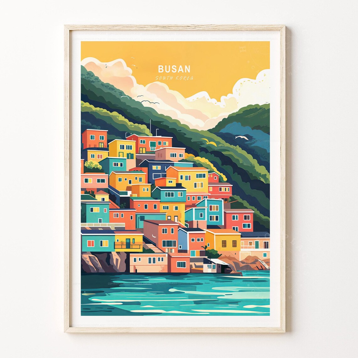 Busan South Korea Minimalist Travel Poster Hillside Houses Harbor Art