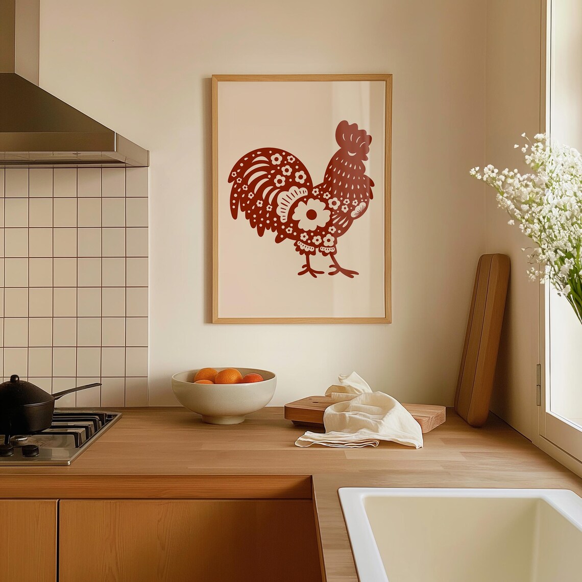 Red Floral Rooster Chinese Paper Cut Lunar New Year Art Poster