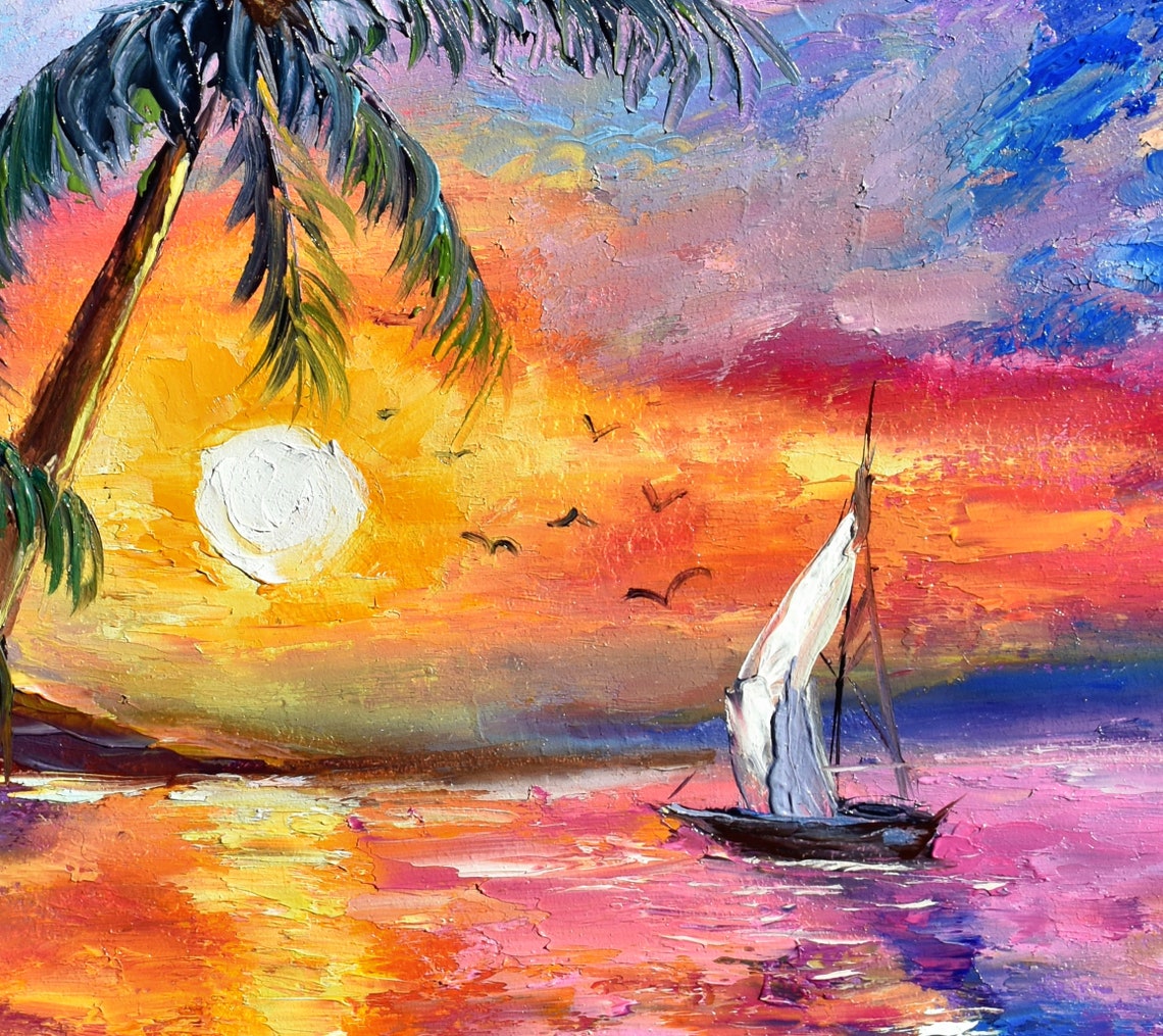 Painting Sea Summer Oil Painting Blue Ocean Painting Landscape Sea Colorful Sunset Coastal Art Sunset Landscape Palette Knife Paintings - Image 2