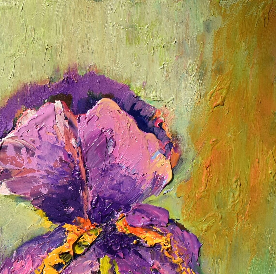 Purple Iris Blooms Green Garden Impasto Oil Painting Floral Poster - Image 4