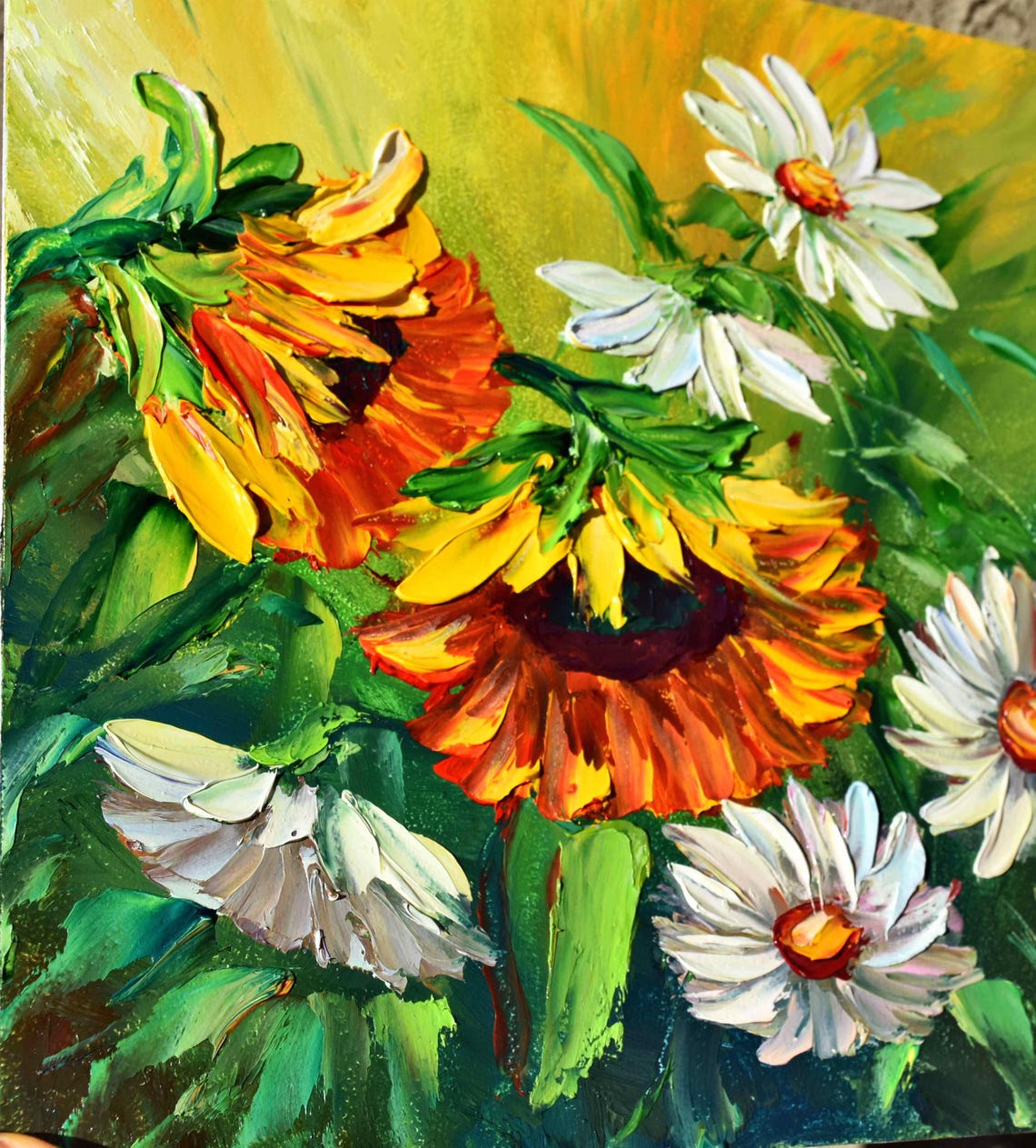 Sunflowers Oil Art Landscape Painting Sunflowers Painting Daisies Painting Impasto Painting Floral Artwork Yellow Flower Art Textured Wall - Image 4