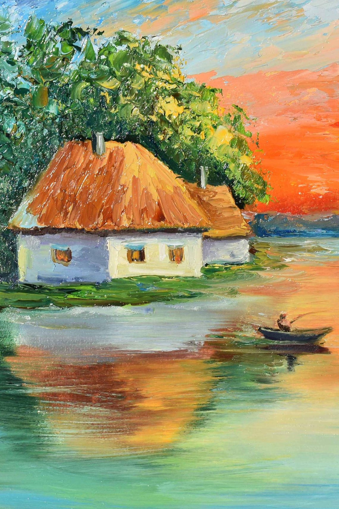 Fisherman Painting Ukraine Art Ukrainian Landscape Art Fishing Lake Fish Pike Boat On The Lake Art Orange Sunset Art Fishing Landscape Summe - Image 4