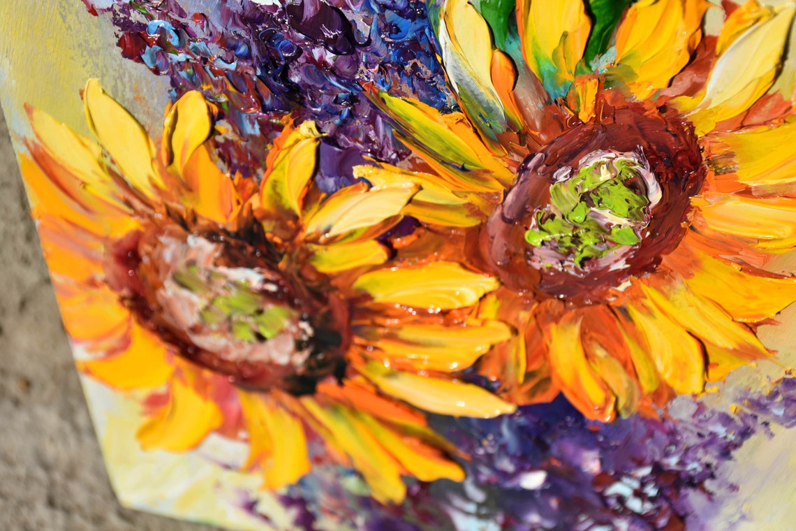 Sunflowers Painting Flowers Painting Sunflower Art Summer Landscape Art Yellow Flower Art Floral Oil Painting Palette Knife Art Floral Art - Image 3