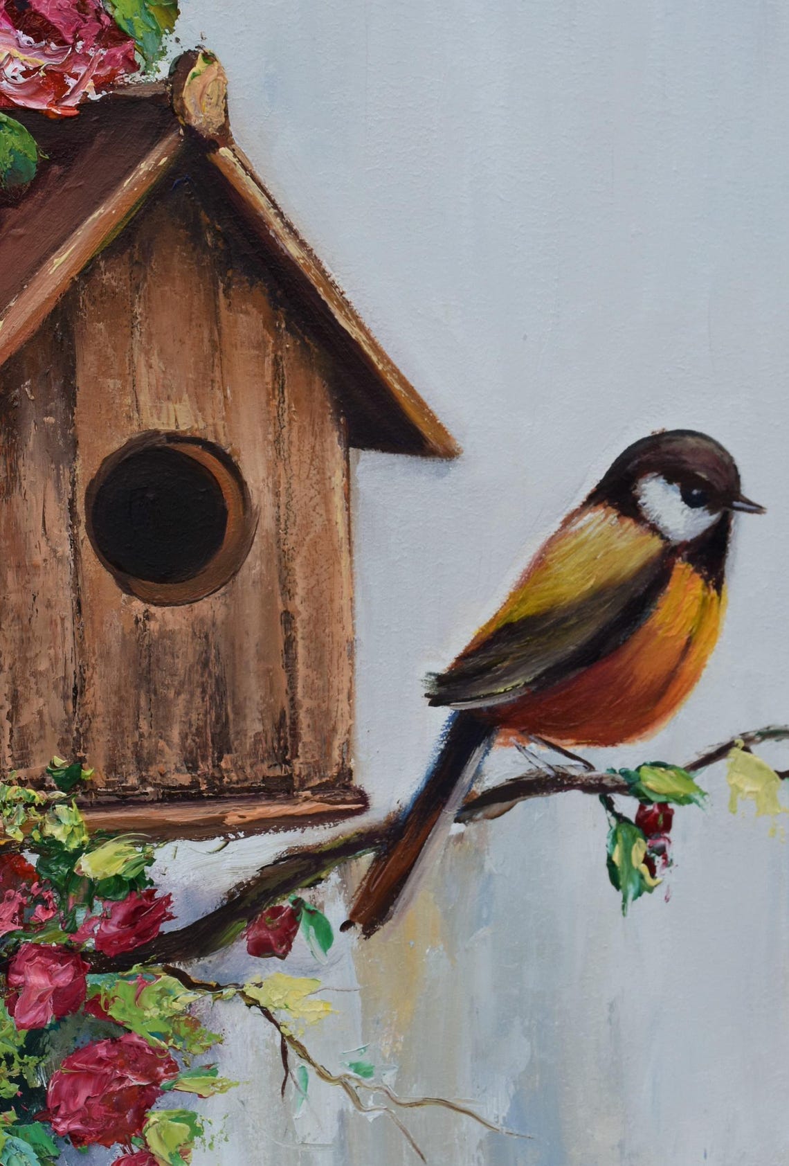 Bird Oil Painting Birds Art Oil Art Bird Artwork Bird Wall Art Home Decor Modern Birds Painting Art Bird Painting 12x12 Art Birds Flowers - Image 2