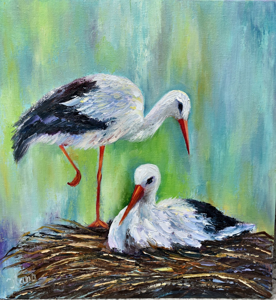 Storks Painting Birds In The Nest Art Birds Painting Stork Oil Art Family Painting Birds Artwork Large Oil Painting Bird Art Animals Oil