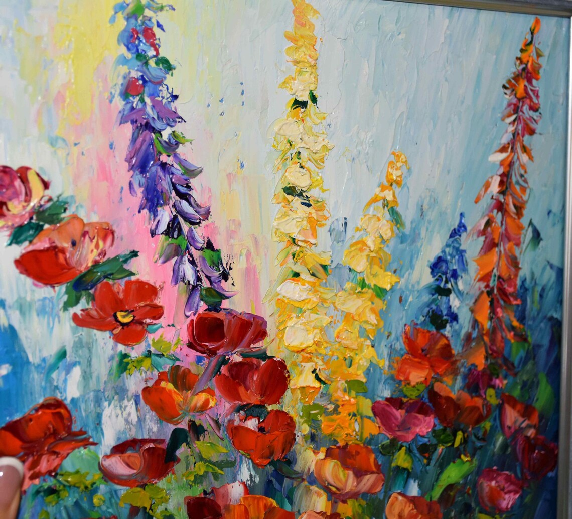Red Poppies Impasto Oil Painting Bright Floral Blooms On Dark Wall Art - Image 2