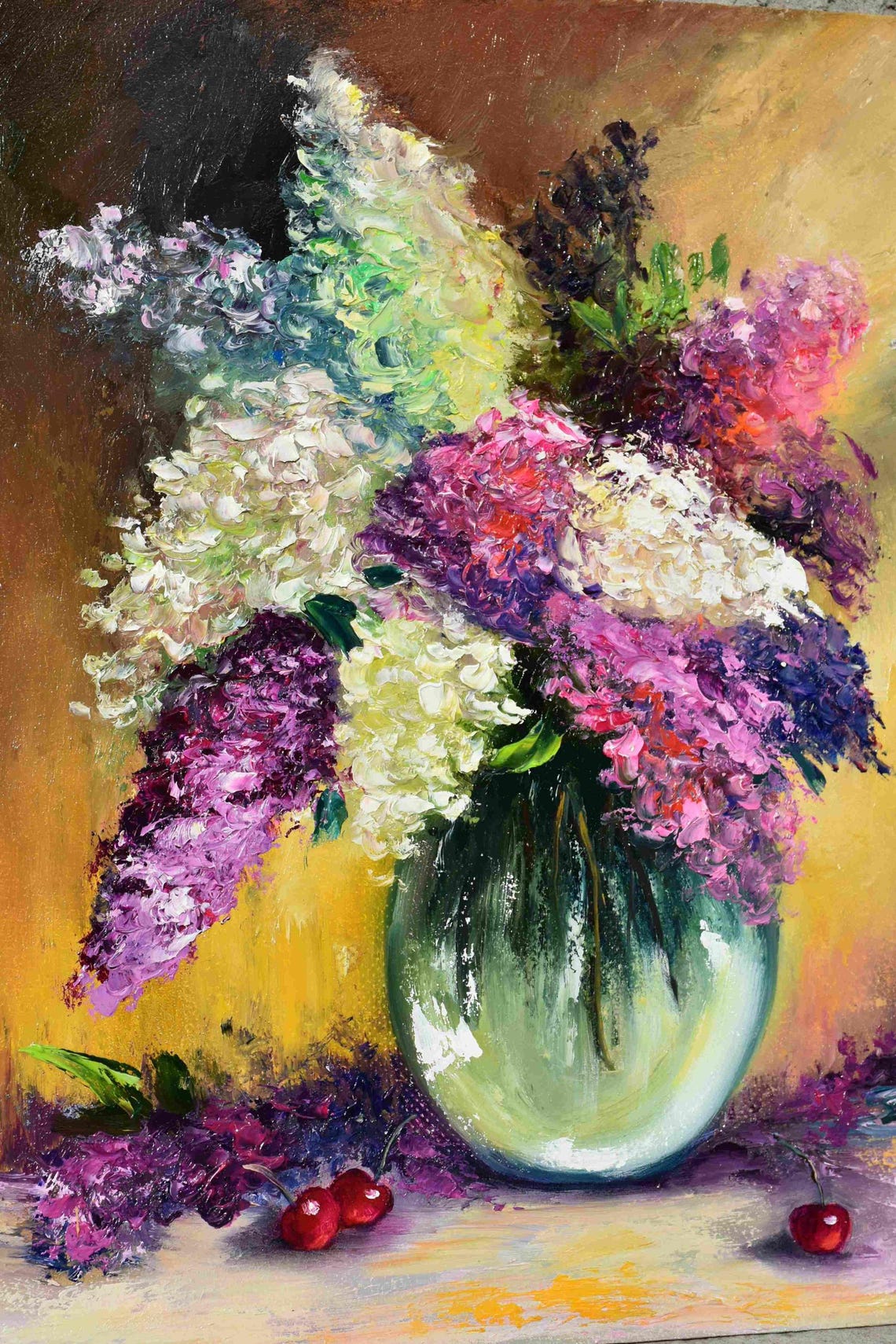 Spring Lilac Bouquet Glass Vase Cherry Impasto Still Life Oil Poster