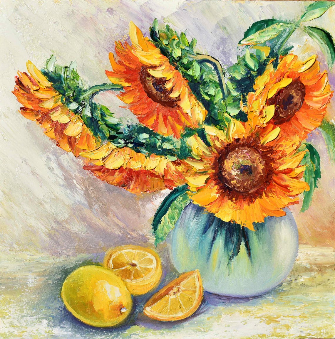 Sunflowers In Blue Vase With Lemons Kitchen Still Life Poster