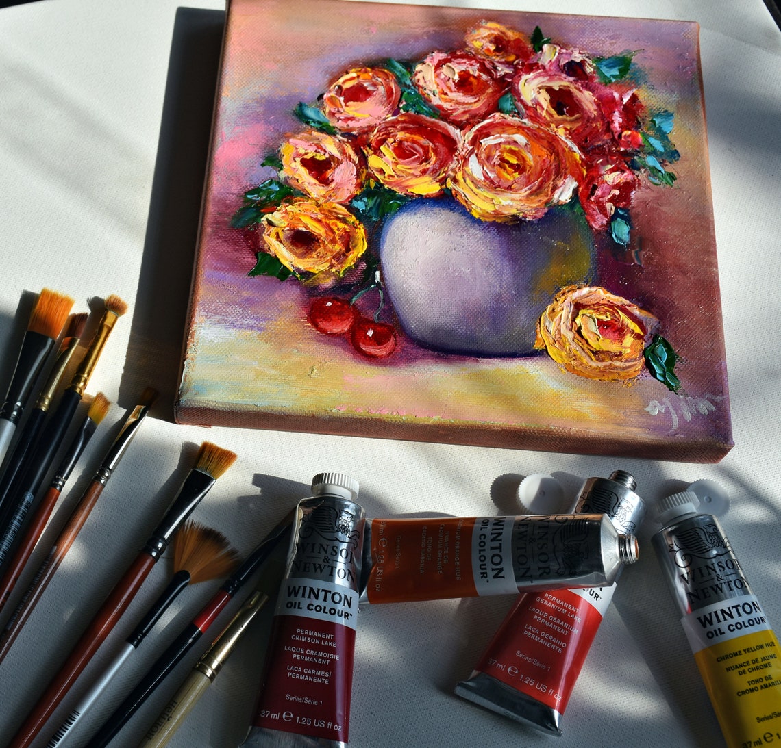 Yellow Roses Painting Floral Art Hand Painted Still Life Painting Rose Art Orange Painting Flowers Rose Painting Floral Oil Art Orig - Image 2