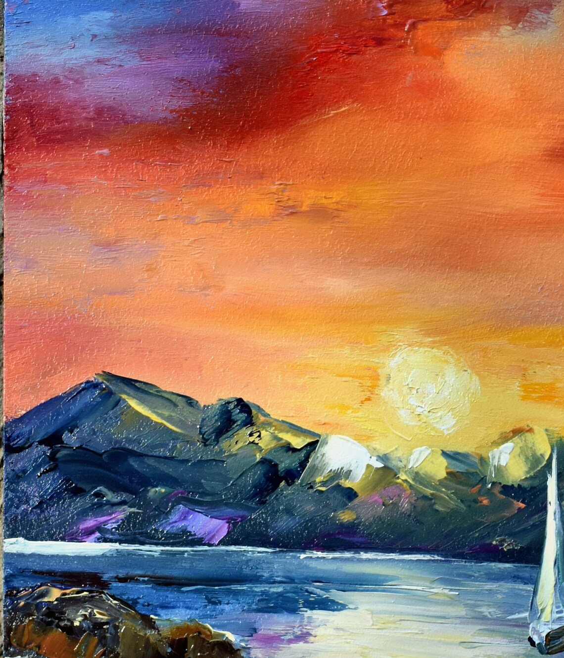 Seascape Artwork Painting Sea Colorful Sunset Sailboat Painting Sailboat Artwork Mediterranean Art Tropical Painting Lagoon Beach Art Sunse - Image 4