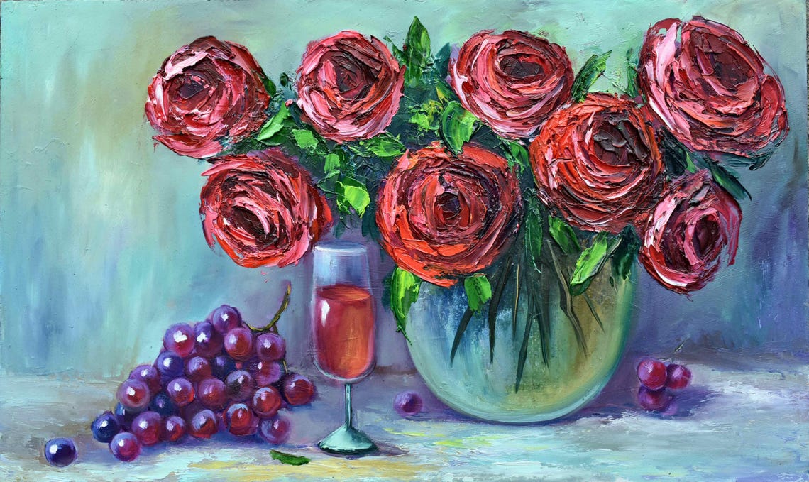 Deep Red Roses Wine Glass Cherries Vase Impasto Still Life Wall Art - Image 5