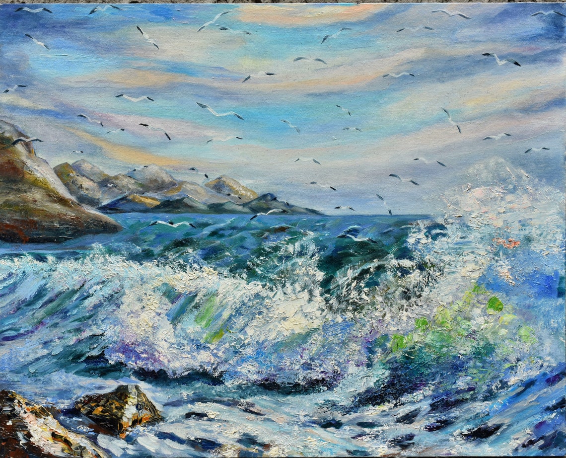 Ocean Waves With Seagulls Rocky Coast Seascape Oil Art Poster