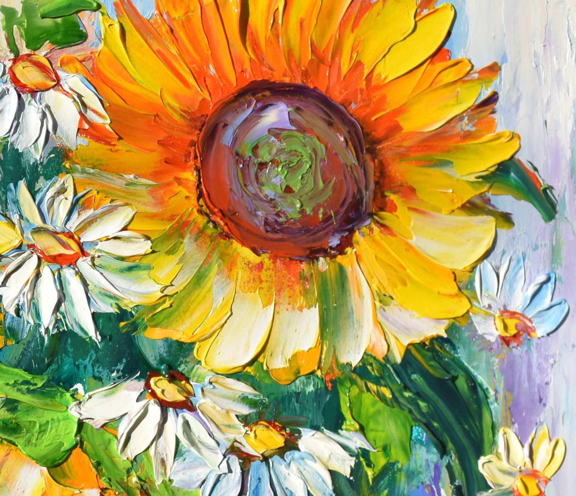 Sunflowers Oil Art Sunflowers Painting Daisies Painting Impasto Painting Floral Artwork Oil Art Yellow Flower Art Chamomile Still Life - Image 4