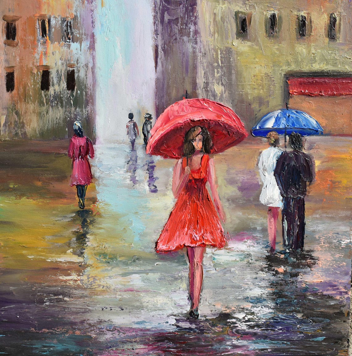 Girl With Umbrella People In The Rain Art Abstract Painting Art Rainy Day Street Painting Girl Painting City Square Art People In The Rain