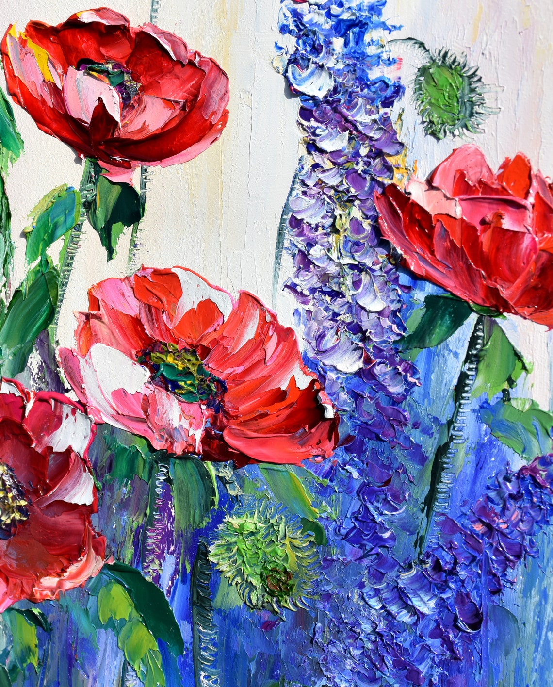 Red Poppy Painting Poppy Oil Painting Landscape Painting Purple Lupins Art Meadow Painting Poppies Impasto Flower Artwork Poppy Painting - Image 4