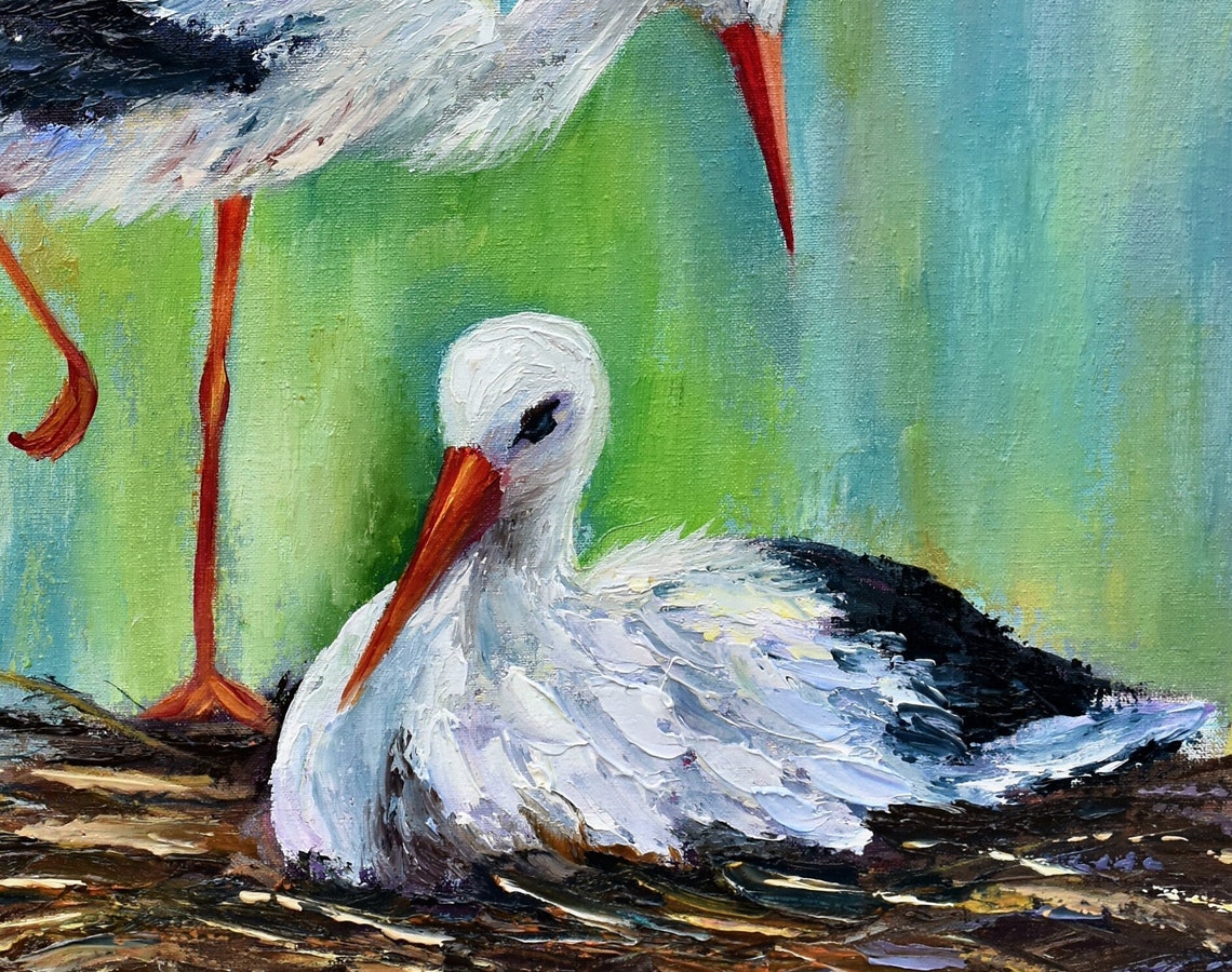 Storks Painting Birds In The Nest Art Birds Painting Stork Oil Art Family Painting Birds Artwork Large Oil Painting Bird Art Animals Oil - Image 5