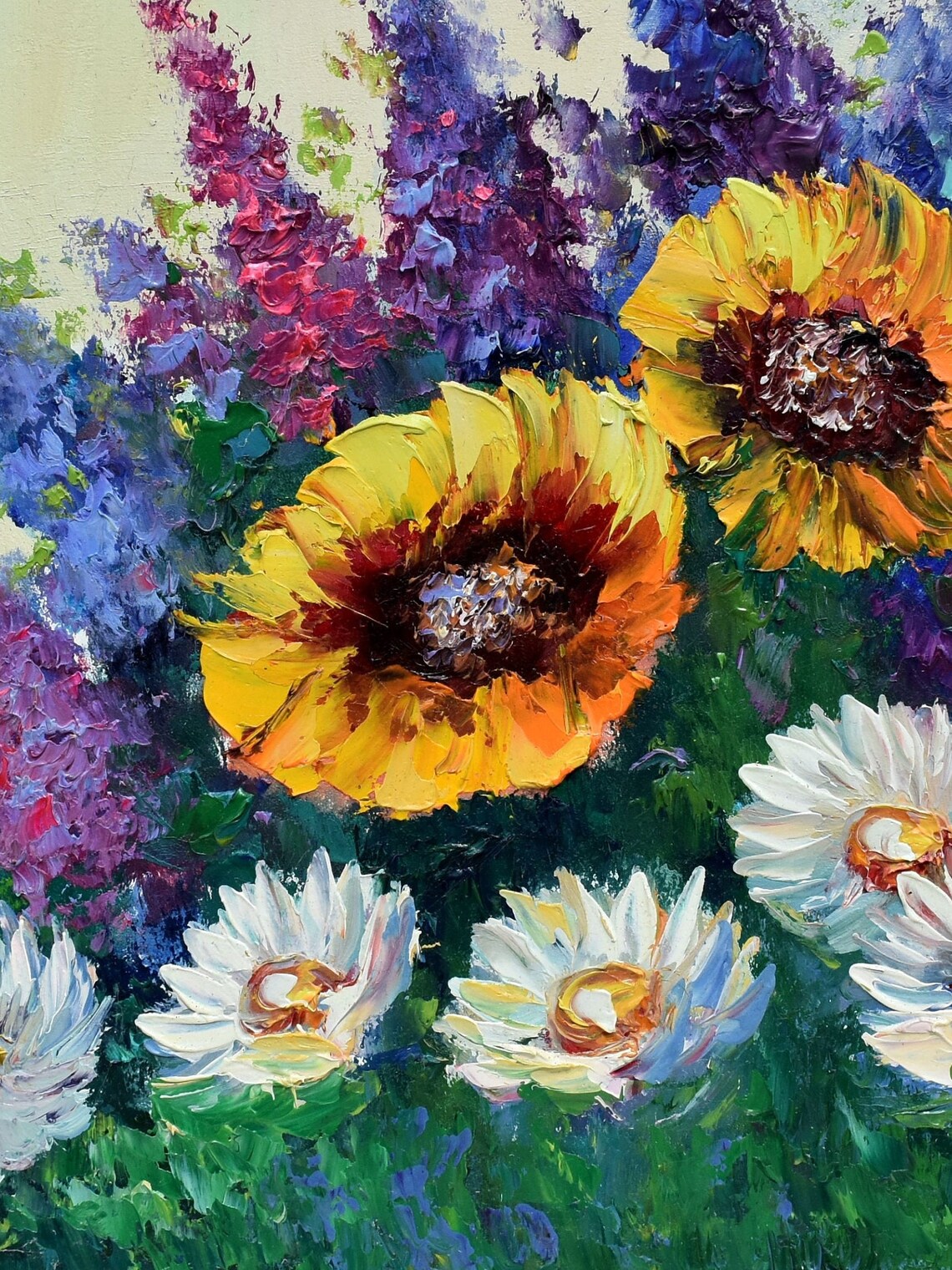 Giant Sunflowers Blue Spike Duo Vibrant Garden Impasto Painting Poster - Image 5