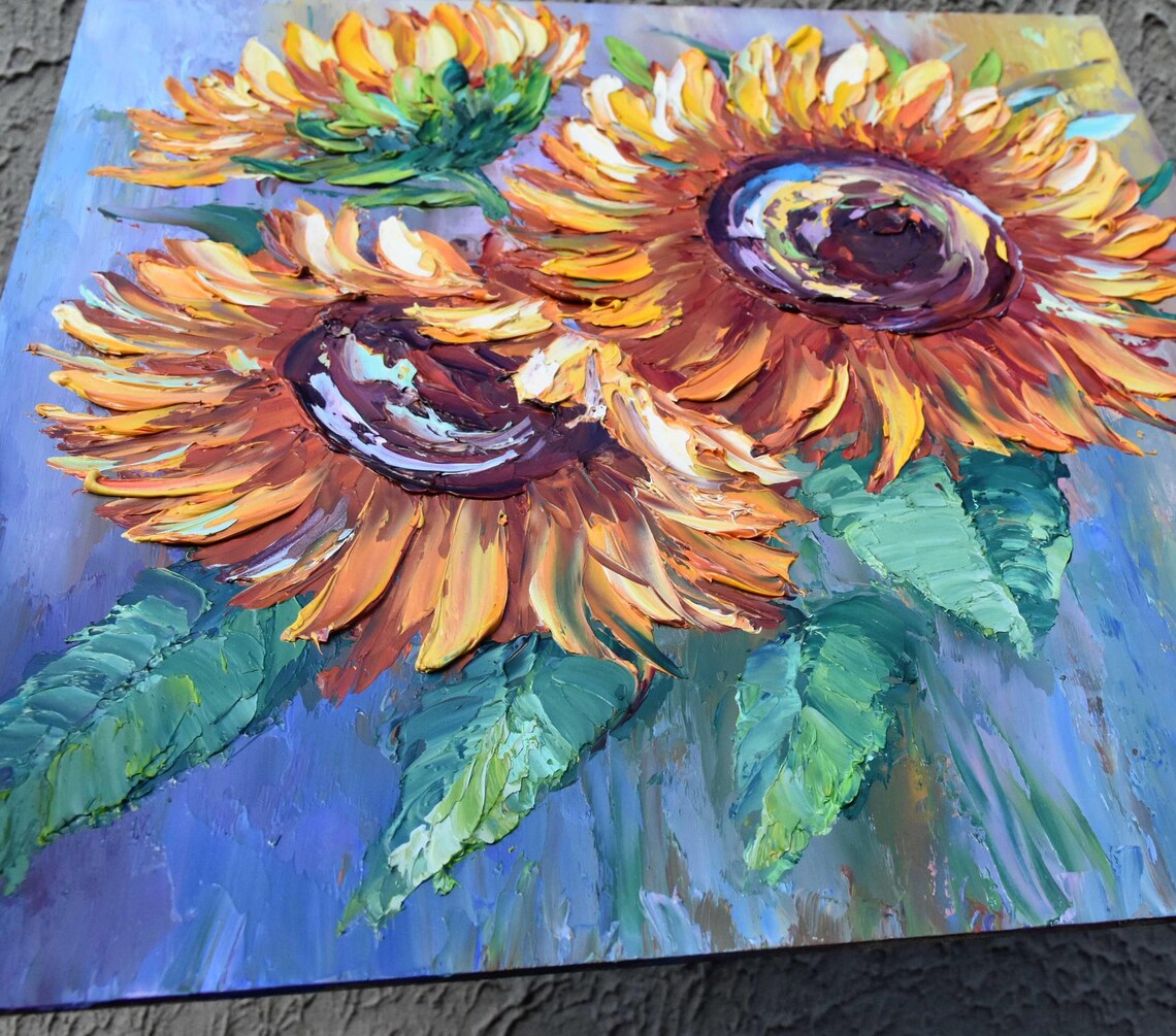 Fiery Orange Sunflowers Blue Background Impasto Oil Painting Poster - Image 4