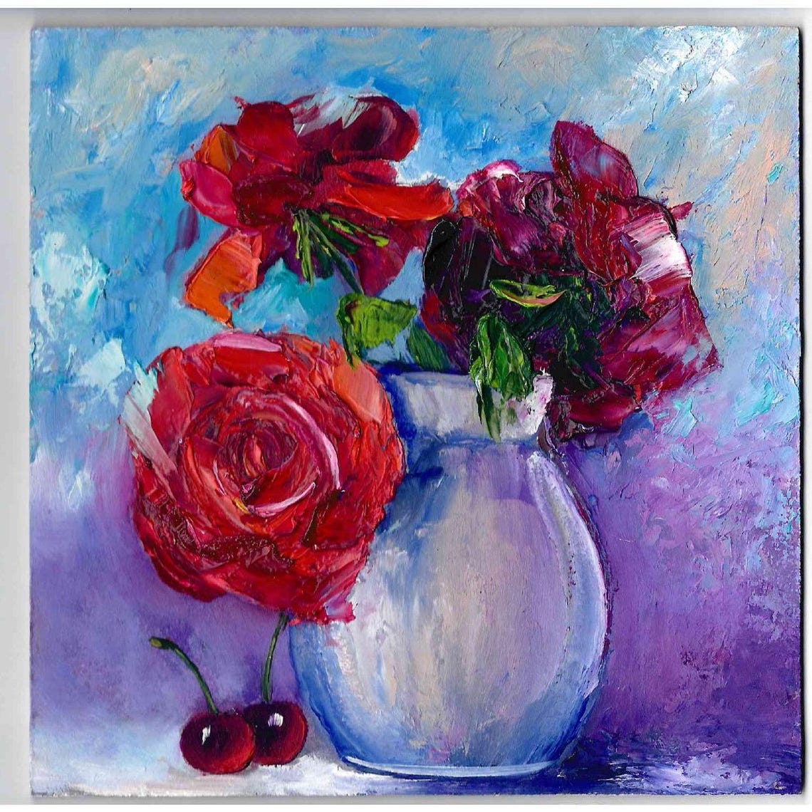 Red Roses White Vase Cherries Blue Purple Impasto Still Life Wall Art