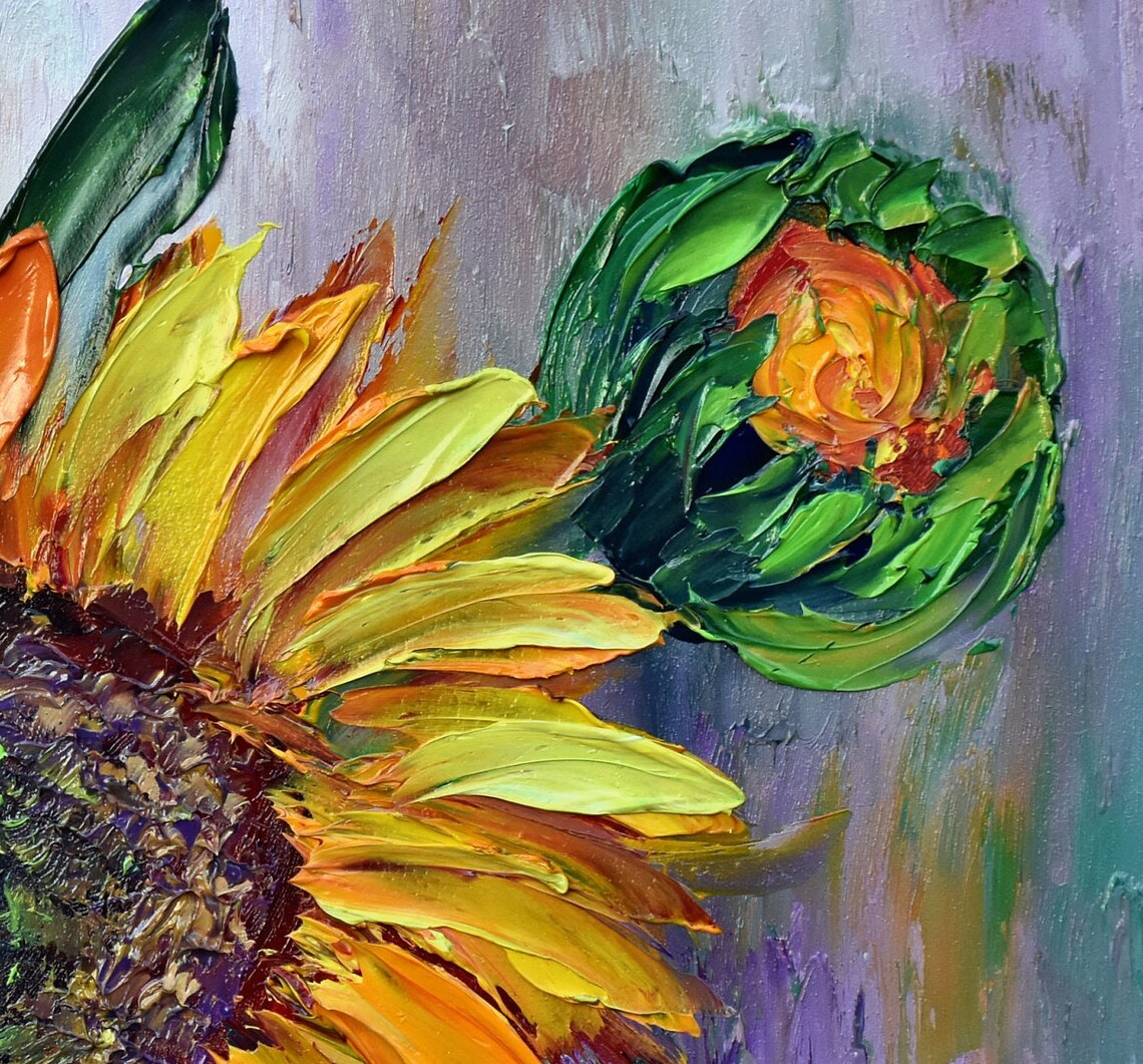 Sunflower With Bud Close Up Yellow Bloom Floral Oil Art Poster - Image 4