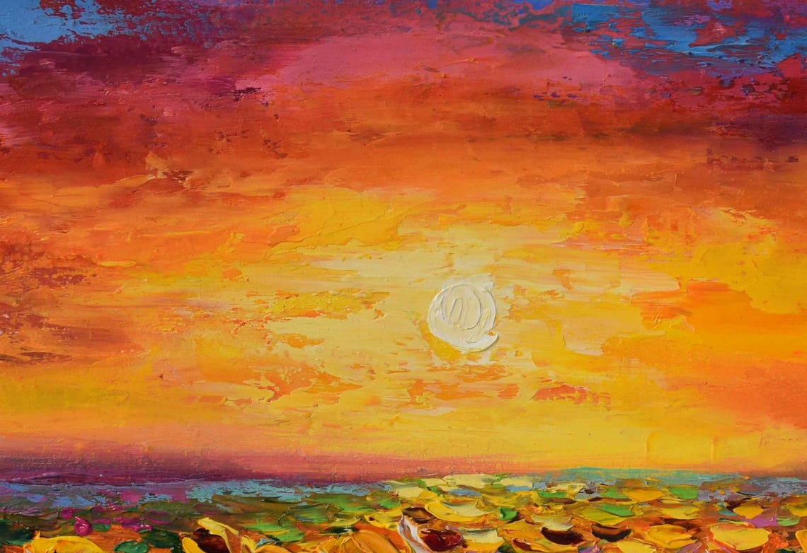 Sunflower Field Fiery Sunset Sky Impasto Landscape Oil Painting Poster - Image 4