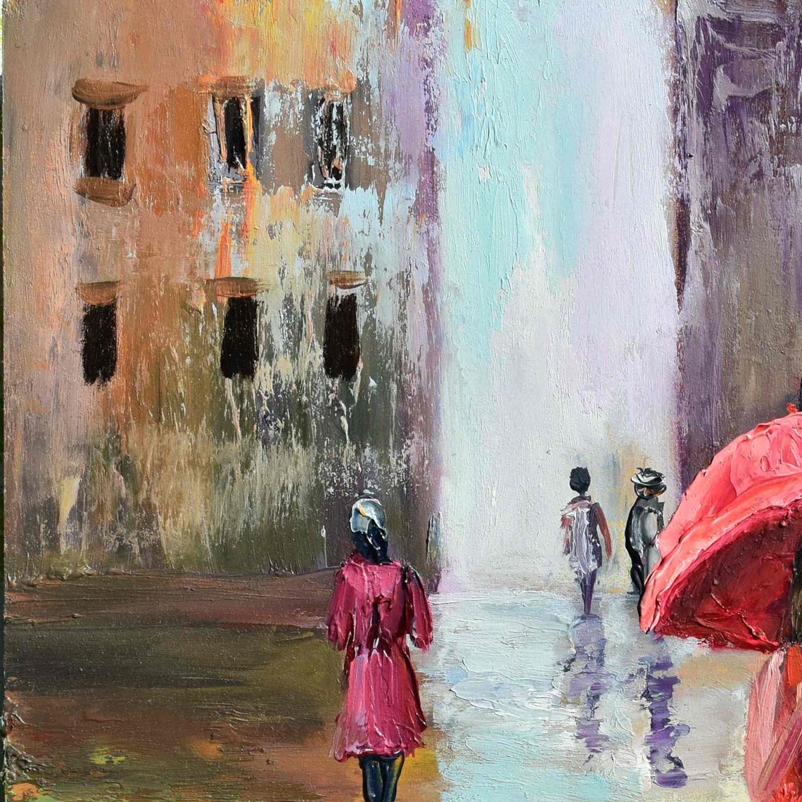 Girl With Umbrella People In The Rain Art Abstract Painting Art Rainy Day Street Painting Girl Painting City Square Art People In The Rain - Image 3