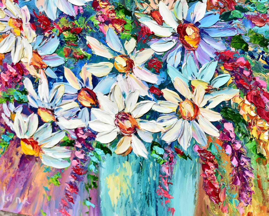 White Daisies Colorful Turquoise Background Impasto Floral Poster - Image 3