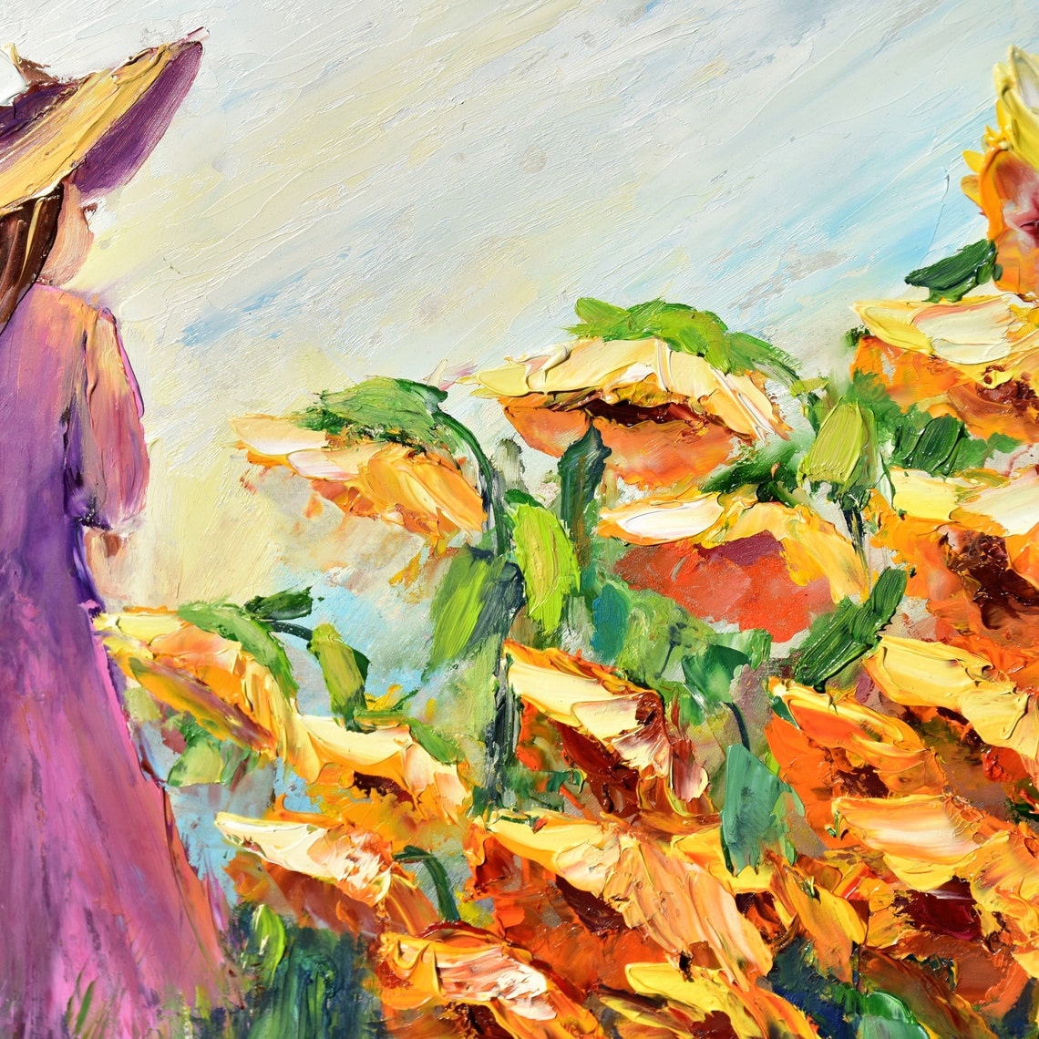 Summer Landscape Girl With Flower Art Landscape Painting Sunflower Painting Woman Painting Landscape Flowers Impasto Oil Painting Sunflowers - Image 3