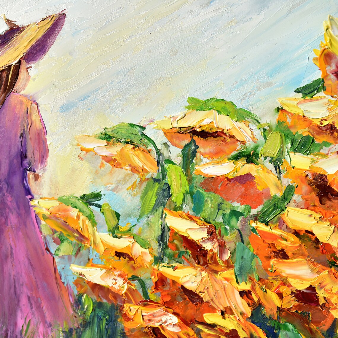 Woman In Purple Dress Walking Sunflower Field Oil Art Poster - Image 3
