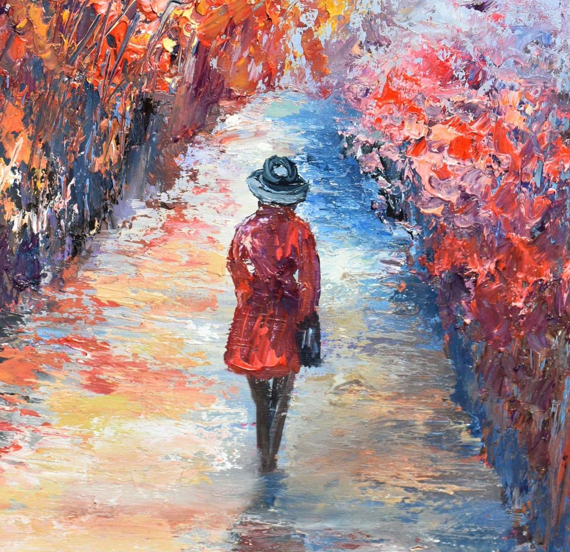 Lady In Red Art City Scape Painting Girl Original Art Woman Oil Painting Landscape Painting Girl In Hat Art Girl Painting Cityscape Art - Image 2