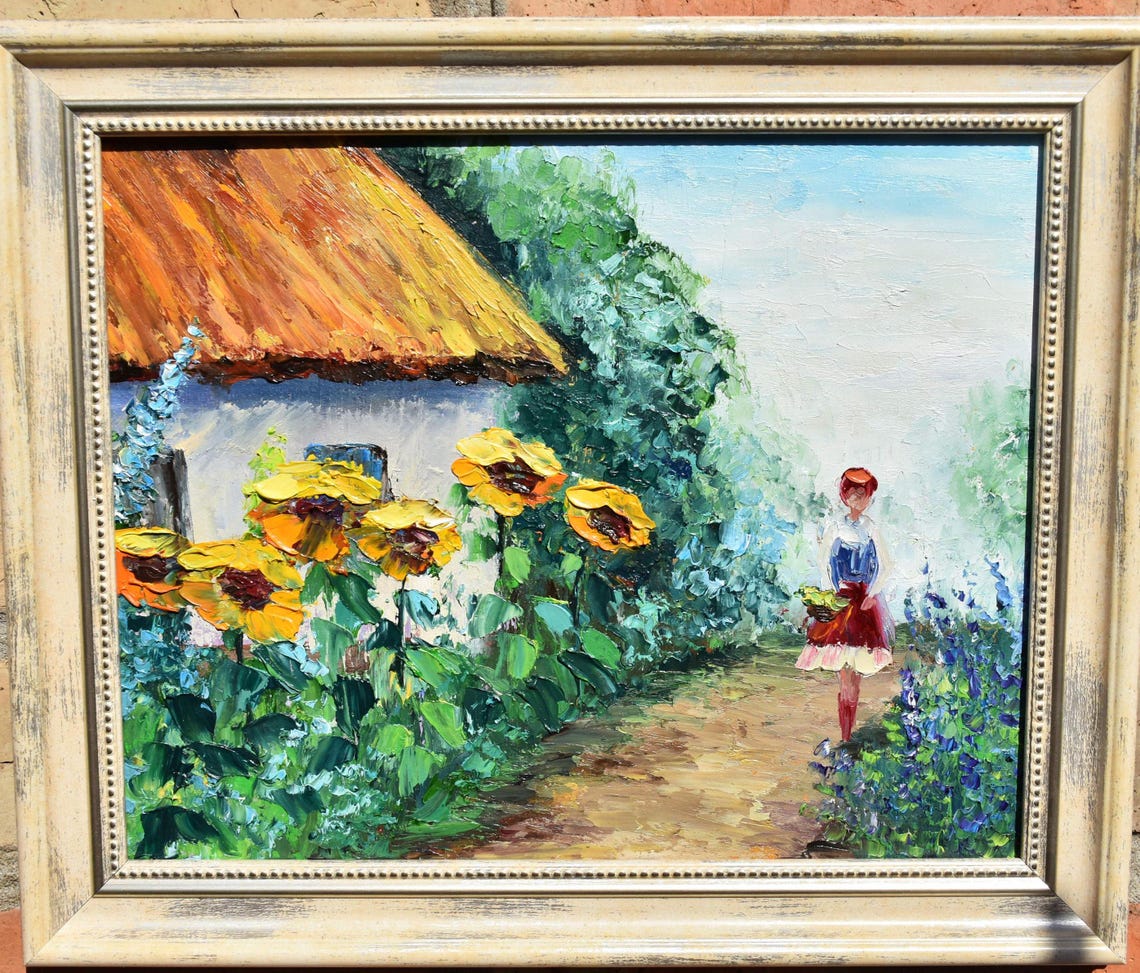 Rural House Art Ukraine Art Summer Landscape Art Landscape Painting Ukrainian Girl Art Yellow Flowers Art Well Landscape Art Palette Knife - Image 3