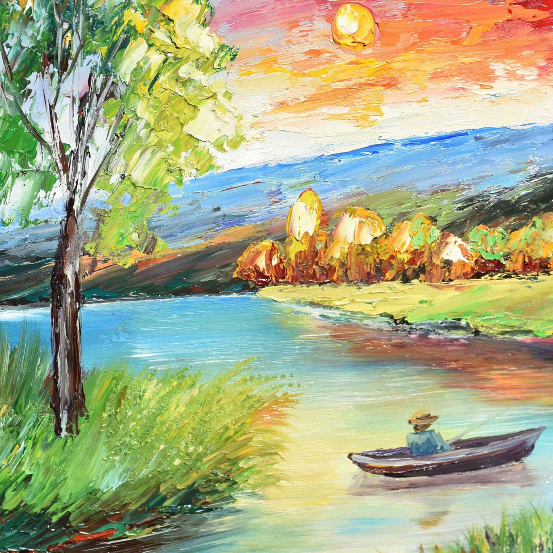 Fisherman Painting Landscape Art Landscape Painting Fisherman Fishing Art Fishing Landscape Fisherman Art Autumn Painting Boat On The Lake - Image 2