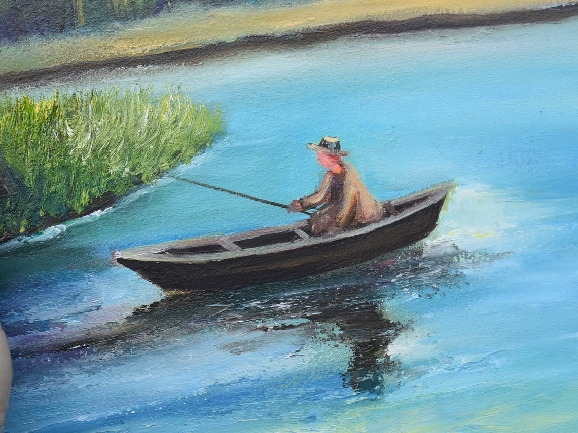 Fisherman Painting Landscape Painting Lake Painting Boat On The Lake Art Fisherman Art Lake Fish Pike Wall Art Summer Nature Landscape Art - Image 2