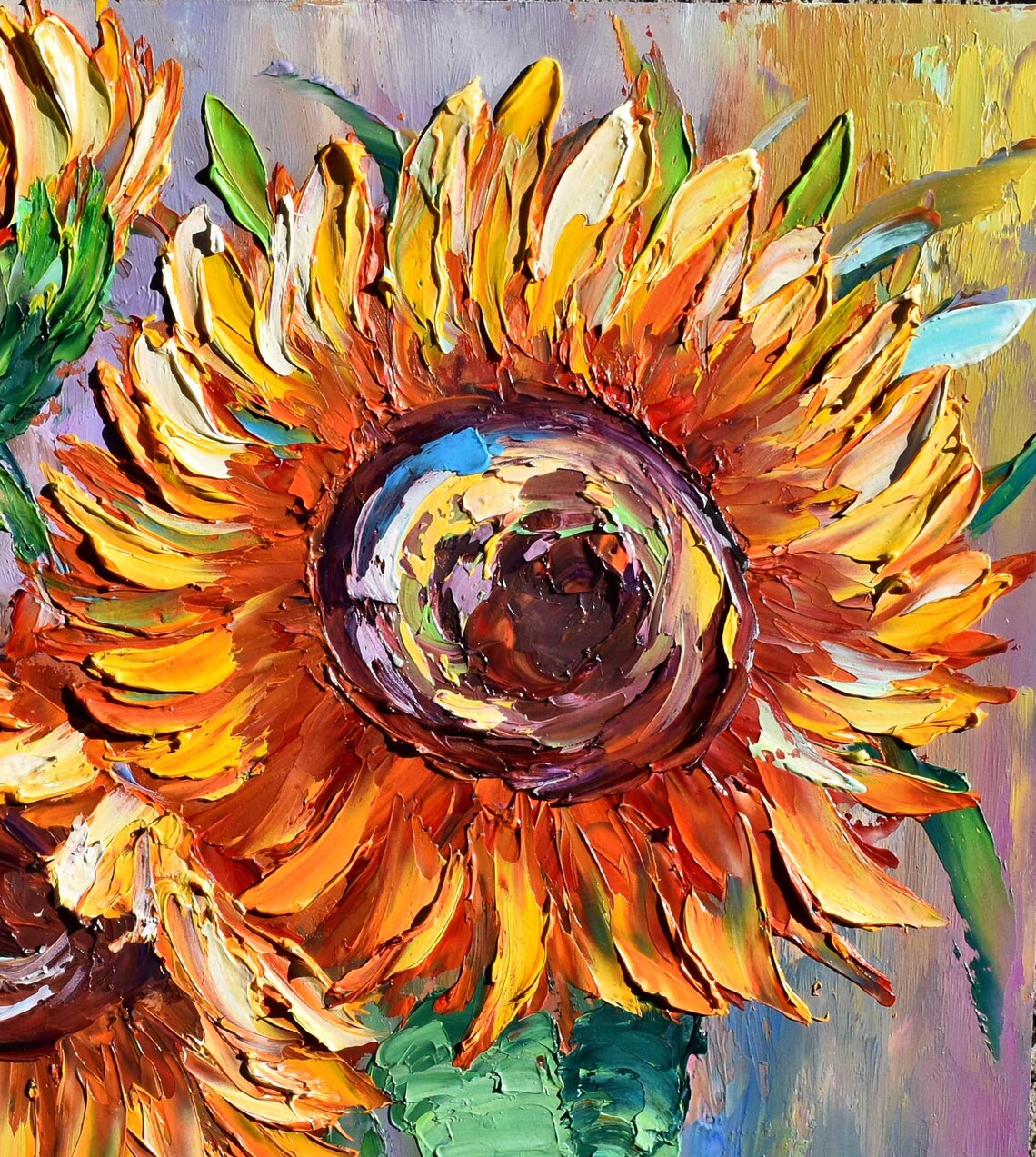 Fiery Orange Sunflowers Blue Background Impasto Oil Painting Poster - Image 3