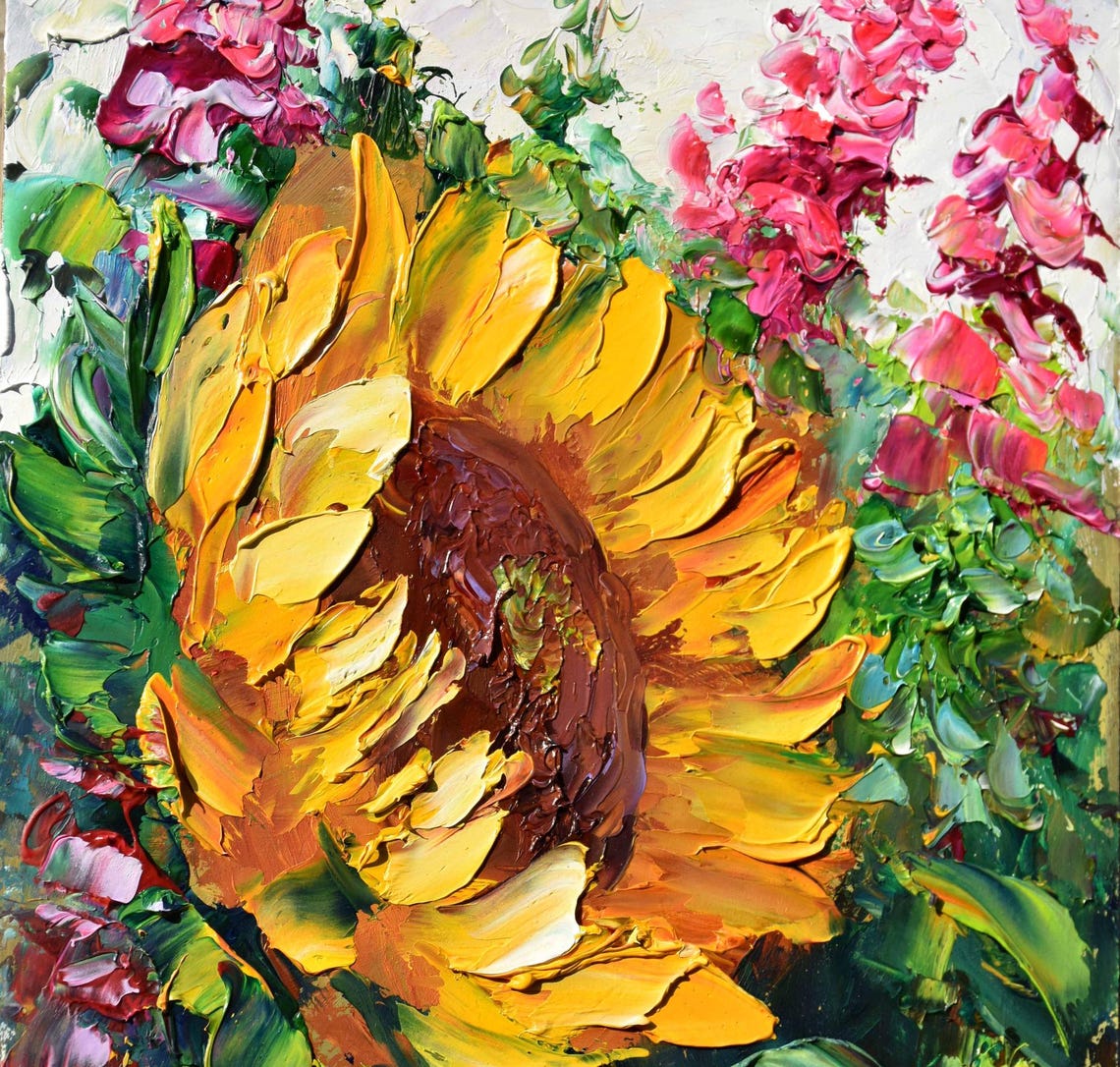 Sunflowers Oil Art Small Wall Art Sunflowers Flowers Purple Lupins Art Floral Artwork Palette Knife Art Wildflowers Art Small Painting Sunfl - Image 5