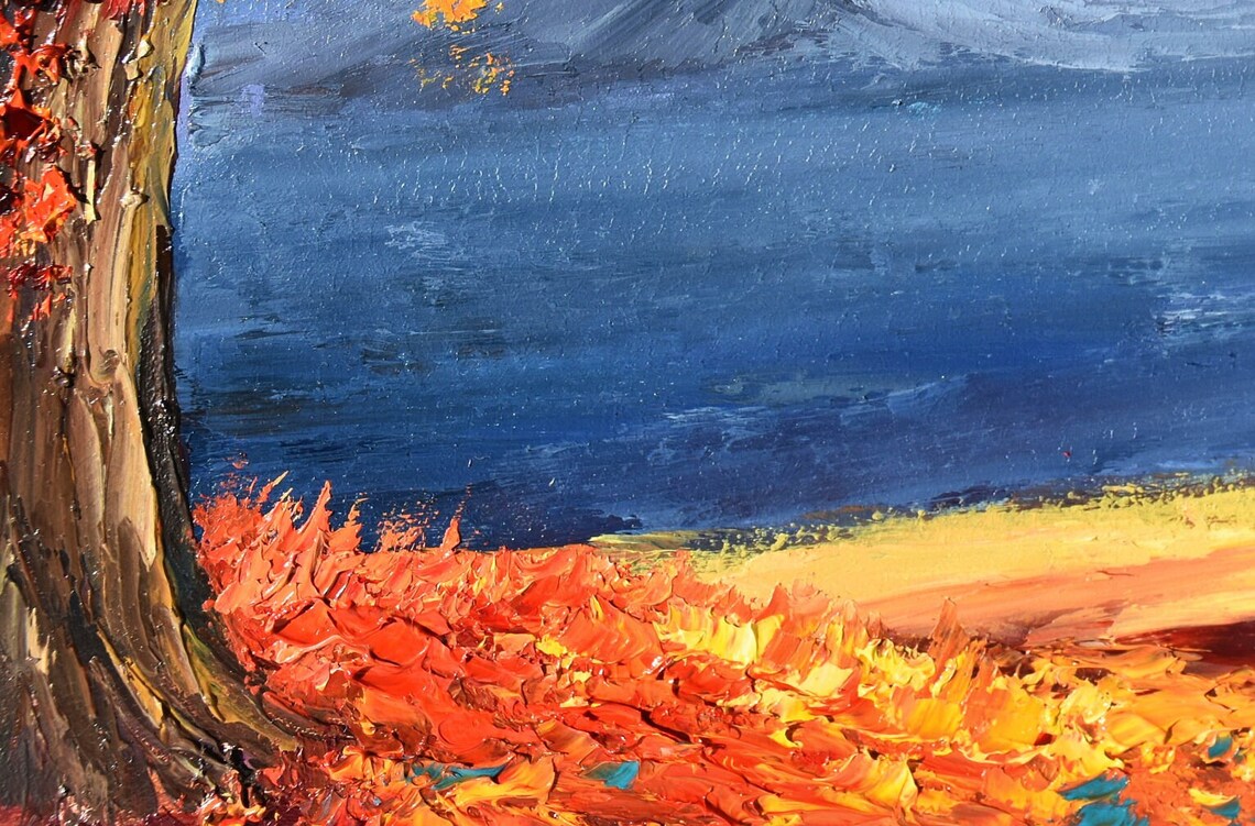 Couple Bench Autumn Lake Sunset Golden Foliage Impasto Oil Wall Art - Image 2