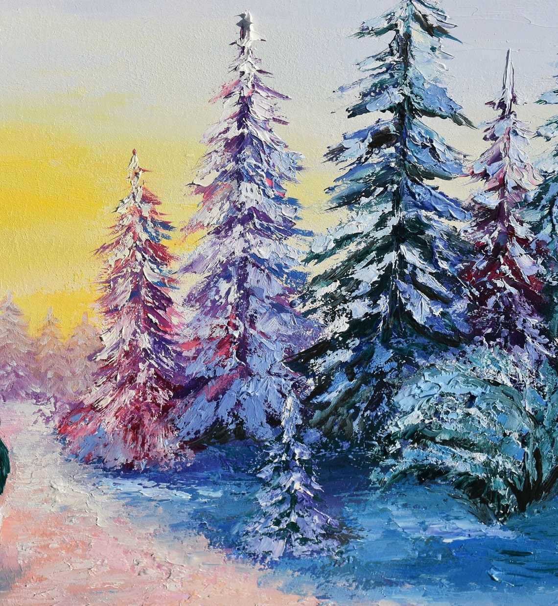 Snow Winter Art Winter Landscape Art Colorful Painting Impasto Painting Oil Art Snowy Landscape Wall Art Romantic Winter Art Modern Art - Image 3