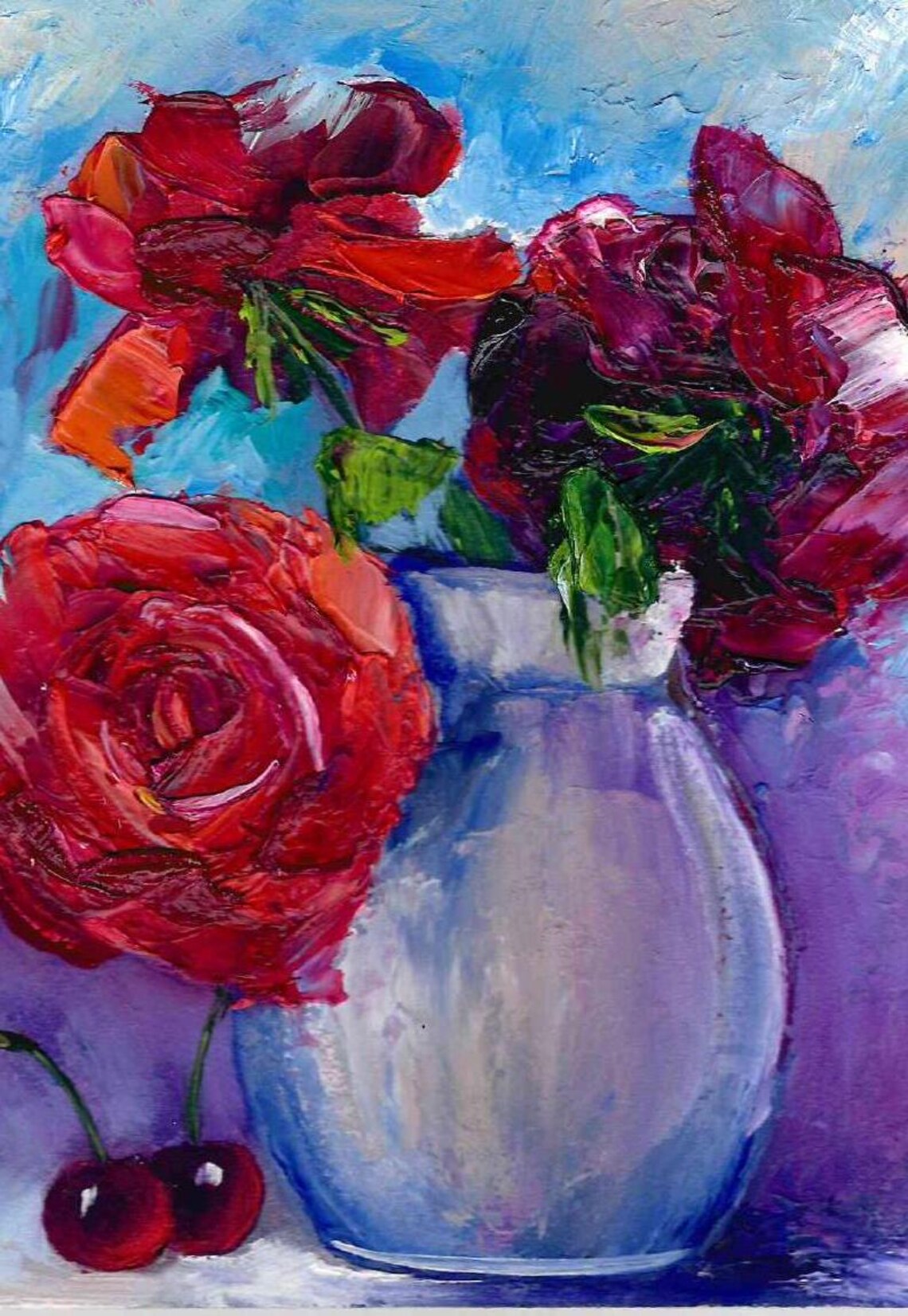 Red Roses White Vase Cherries Blue Purple Impasto Still Life Wall Art - Image 5