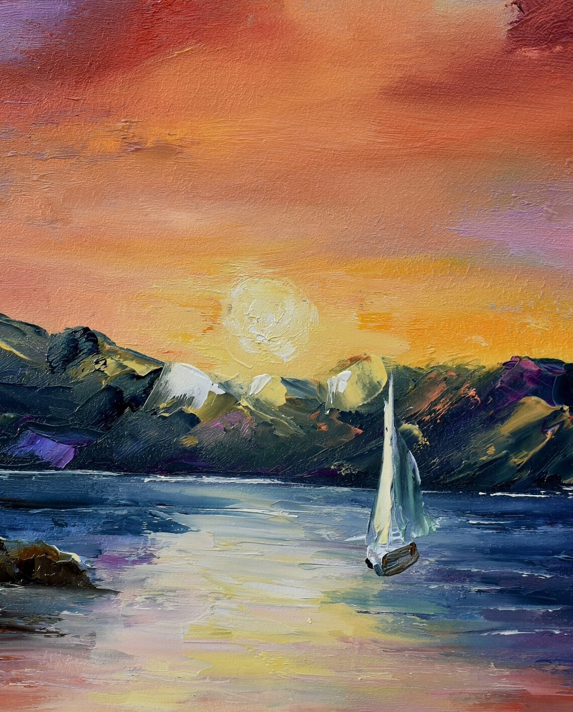 Seascape Artwork Painting Sea Colorful Sunset Sailboat Painting Sailboat Artwork Mediterranean Art Tropical Painting Lagoon Beach Art Sunse - Image 5
