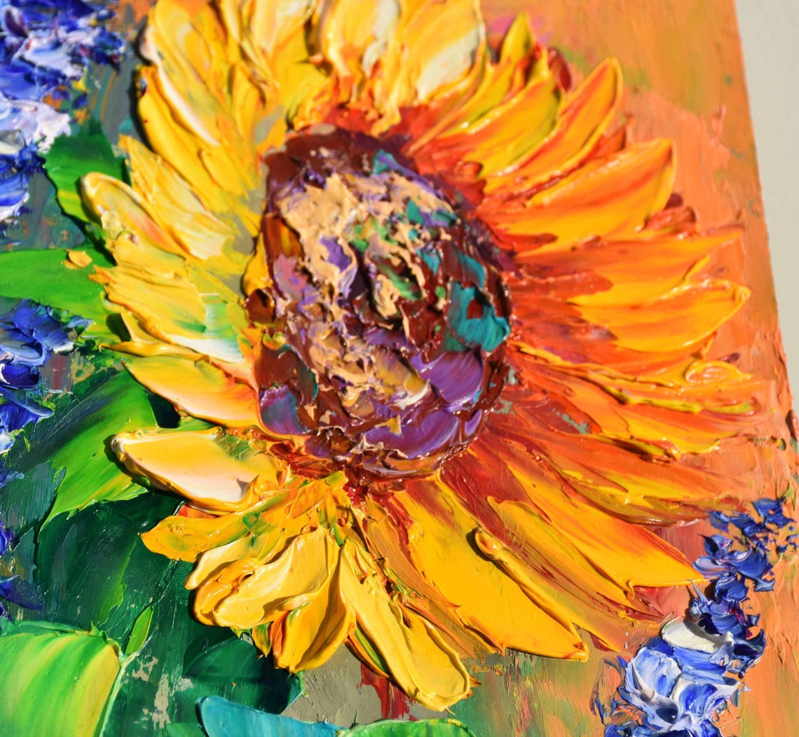 Sunflowers Painting Small Wall Art Impasto Knife Oil Landscape Meadow Floral Oil Painting Purple Flowers Art Colorful Painting Summer Flower - Image 2