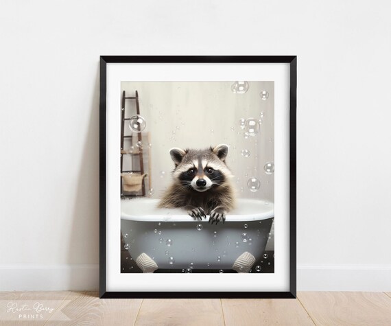 Cute Raccoon Peeking Over Clawfoot Tub Edge Bubbles Funny Bathroom Poster