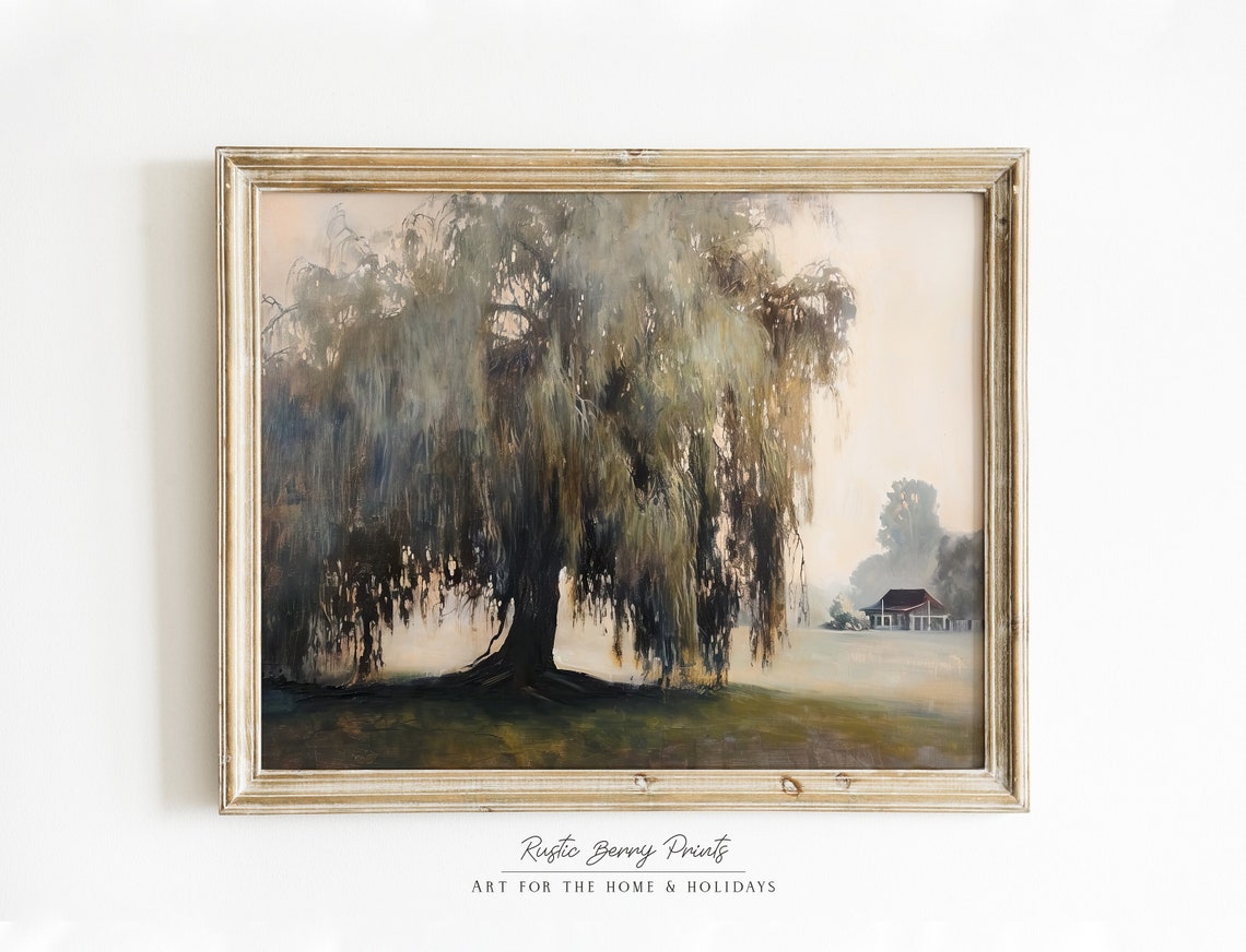 Weeping Willow Tree Farmhouse Misty Morning Vintage Art Poster