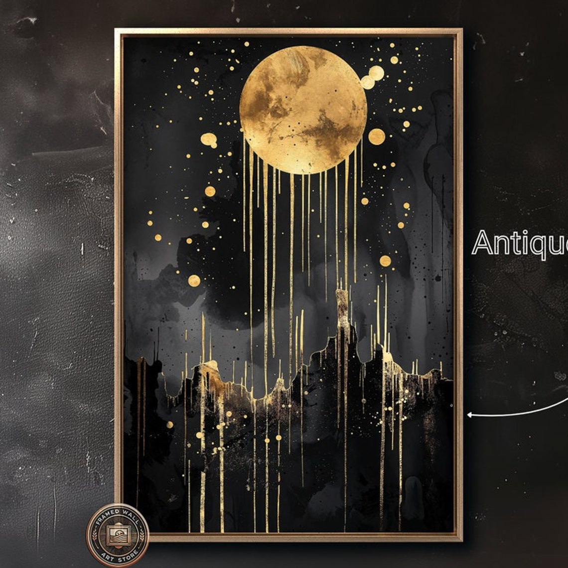 Abstract Gold Moon Framed Print Black Night Sky Wall Art Modern Celestial Painting Print Mystical Decor Gift Ready To Hang