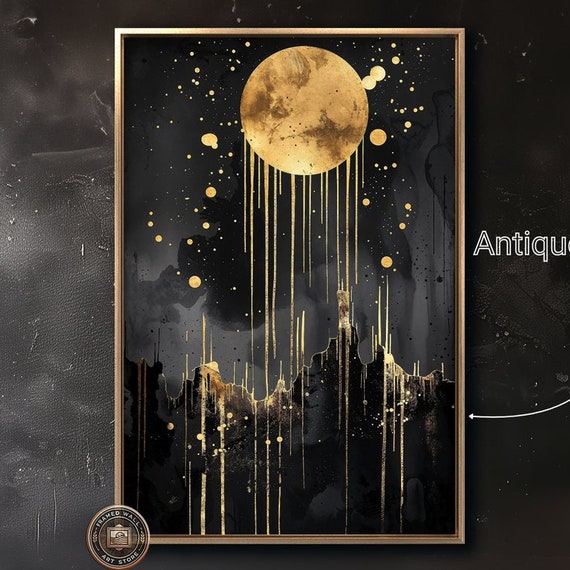 Abstract Gold Moon Framed Print Black Night Sky Wall Art Modern Celestial Painting Print Mystical Decor Gift Ready To Hang