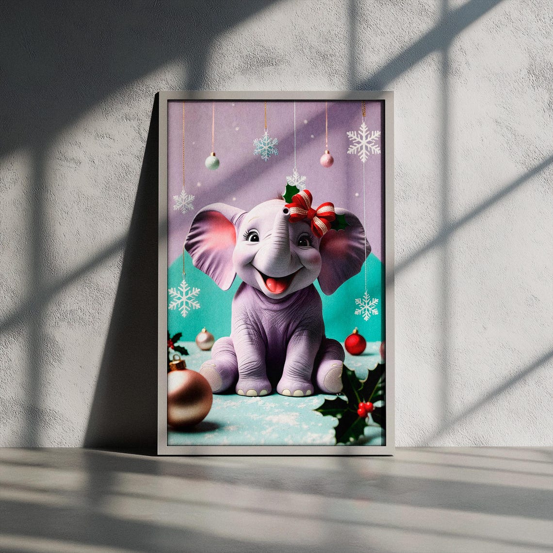 Baby Elephant with Red Bow Christmas Ornaments Nursery Poster